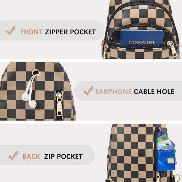 Women Checkered Coffee Imported Leather Small Crossbody Chest Sling Travel Bag - Picture 5 of 8